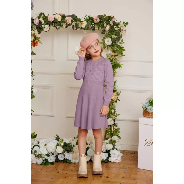 GRACE KARIN Girl Dress Long Sleeve Sweater Ruffle Button Front Knit Casual Fall Winter Dresses for Girls 512Unique Ppurple