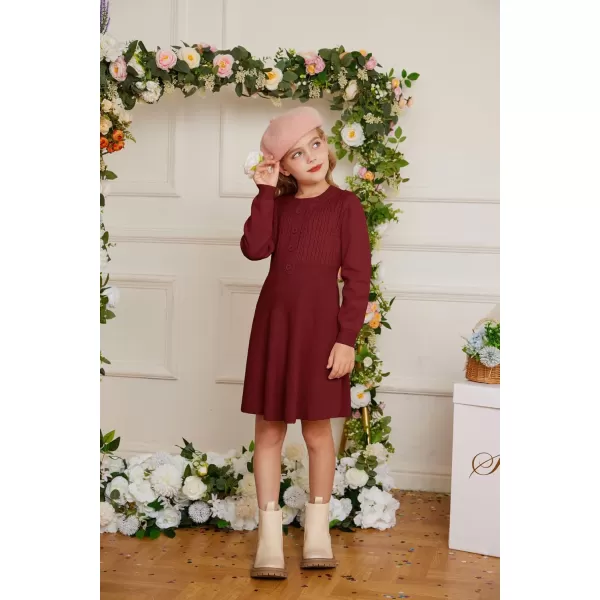 GRACE KARIN Girl Dress Long Sleeve Sweater Ruffle Button Front Knit Casual Fall Winter Dresses for Girls 512Wine Red