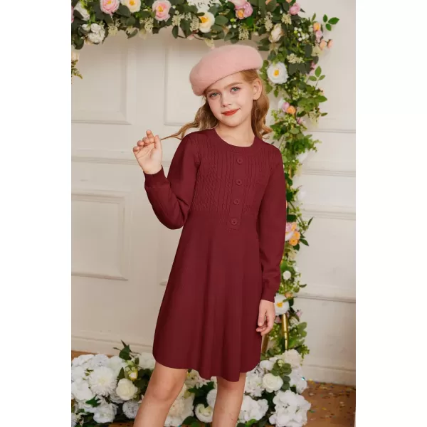 GRACE KARIN Girl Dress Long Sleeve Sweater Ruffle Button Front Knit Casual Fall Winter Dresses for Girls 512Wine Red