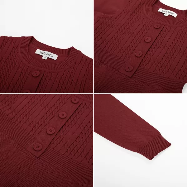 GRACE KARIN Girl Dress Long Sleeve Sweater Ruffle Button Front Knit Casual Fall Winter Dresses for Girls 512Wine Red