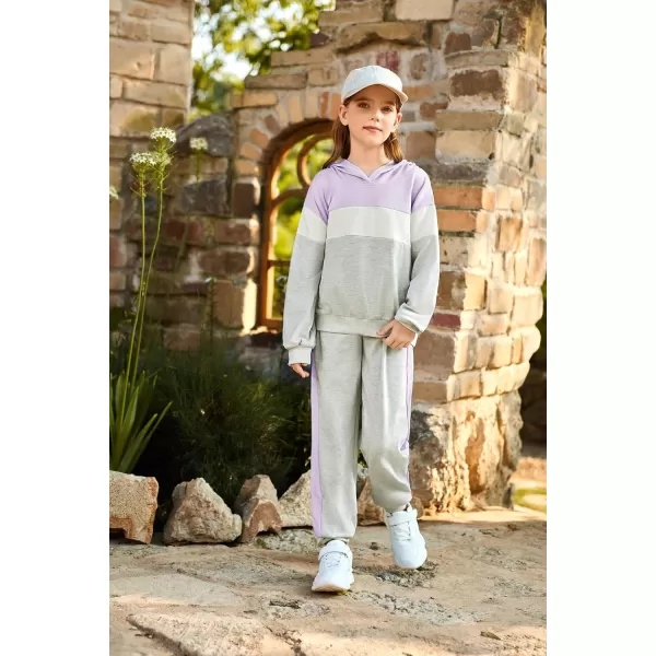 GRACE KARIN Girls 2 Piece Outfits Girls Drop Shoulder Hoodies Contrasting Colors Long Sleeve Sweatshirts and Sweatpants 512YPurple