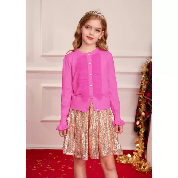 GRACE KARIN Girls Cardigan Button Up Knit Mesh Ruffle Uniform Sweater Size 512Hot Pink