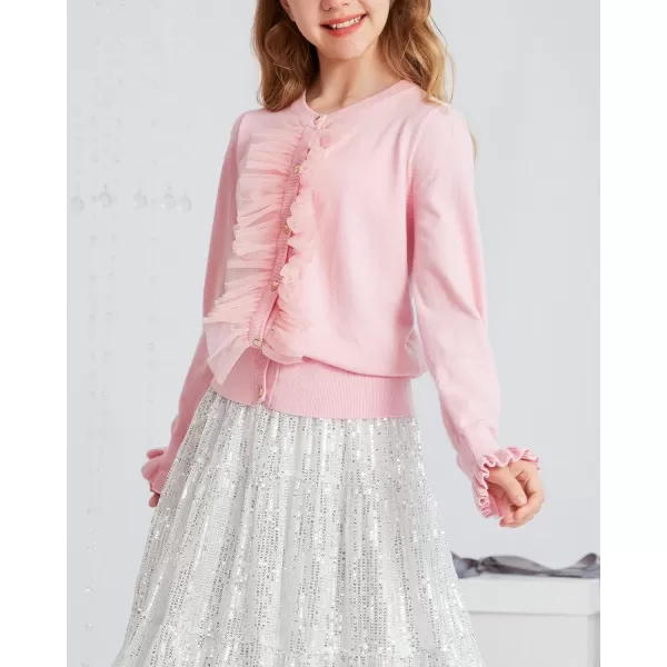 GRACE KARIN Girls Cardigan Button Up Knit Mesh Ruffle Uniform Sweater Size 512Pink