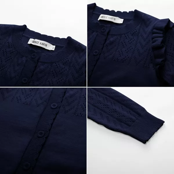GRACE KARIN Girls Cardigan Cable Knit Sweater Long Sleeve Open Front Button Light Weight Solid Crochet Shrug 512Navy Blue