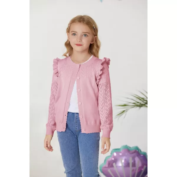 GRACE KARIN Girls Cardigan Cable Knit Sweater Long Sleeve Open Front Button Light Weight Solid Crochet Shrug 512Pink