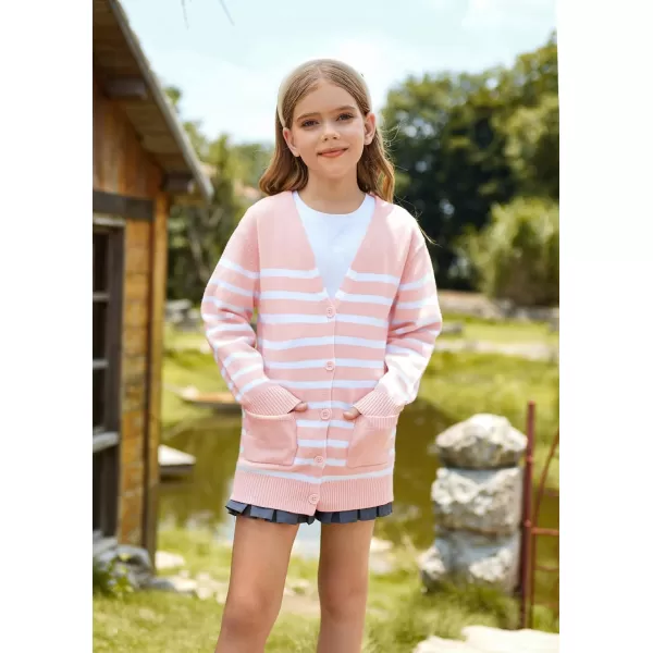 GRACE KARIN Girls Cardigan Sweater Long Sleeve Back to School Uniforms Knit Outerwear with Pockets 512YLight Pink