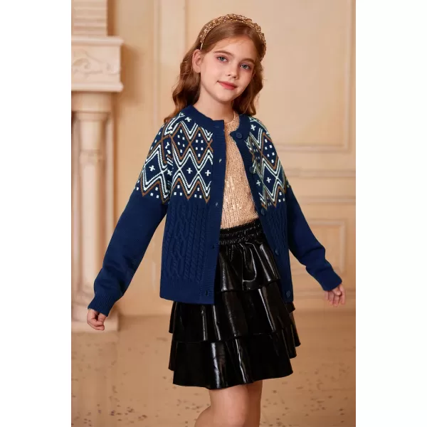 GRACE KARIN Girls Cardigan Sweater Long Sleeve Button Closure Boho Knitted Sweater 512YNavy Blue