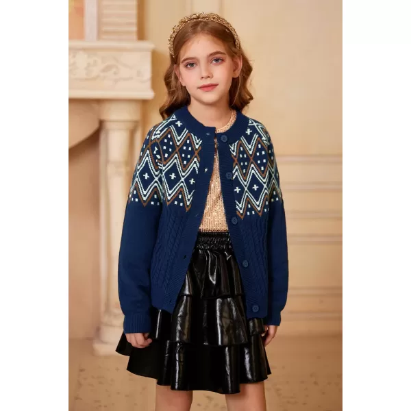 GRACE KARIN Girls Cardigan Sweater Long Sleeve Button Closure Boho Knitted Sweater 512YNavy Blue