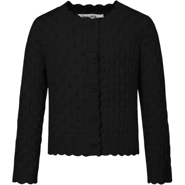 GRACE KARIN Girls Cropped Cardigan Sweaters Long Sleeve Cable Knit Button Front Sweater 512YBlack