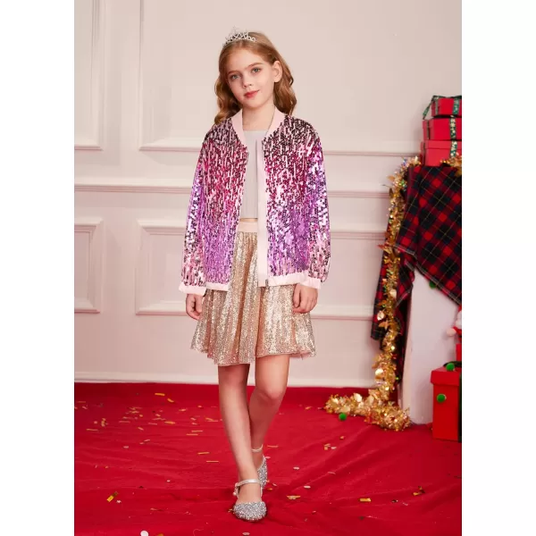 GRACE KARIN Girls Sequin Jacket Kids Bomber Zip Outwear Sparkle Fall Costume Top Dress Coat Size 514Purplepink