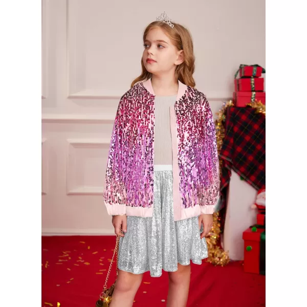 GRACE KARIN Girls Sequin Jacket Kids Bomber Zip Outwear Sparkle Fall Costume Top Dress Coat Size 514Purplepink