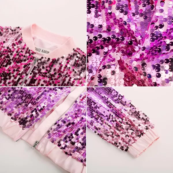 GRACE KARIN Girls Sequin Jacket Kids Bomber Zip Outwear Sparkle Fall Costume Top Dress Coat Size 514Purplepink