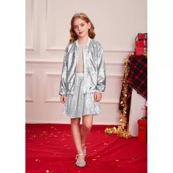 GRACE KARIN Girls Sequin Jacket Kids Bomber Zip Outwear Sparkle Fall Costume Top Dress Coat Size 514Silver