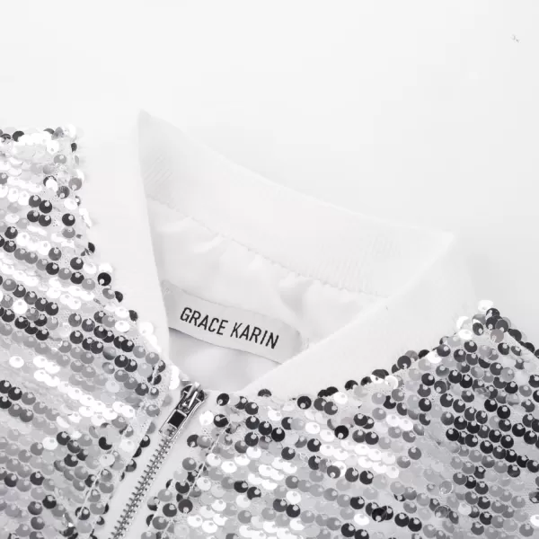 GRACE KARIN Girls Sequin Jacket Kids Bomber Zip Outwear Sparkle Fall Costume Top Dress Coat Size 514Silver