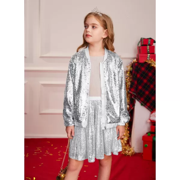 GRACE KARIN Girls Sequin Jacket Kids Bomber Zip Outwear Sparkle Fall Costume Top Dress Coat Size 514Silver