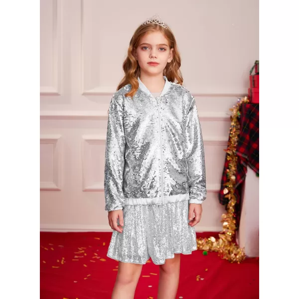 GRACE KARIN Girls Sequin Jacket Kids Bomber Zip Outwear Sparkle Fall Costume Top Dress Coat Size 514Silver