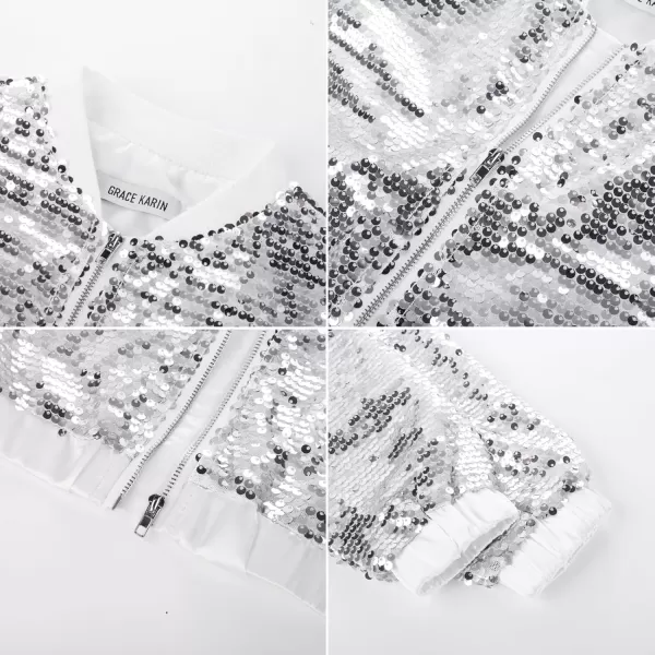 GRACE KARIN Girls Sequin Jacket Kids Bomber Zip Outwear Sparkle Fall Costume Top Dress Coat Size 514Silver