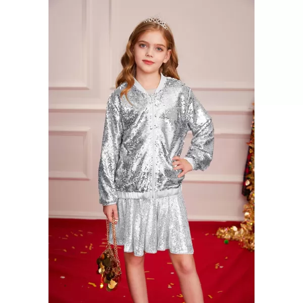 GRACE KARIN Girls Sequin Jacket Kids Bomber Zip Outwear Sparkle Fall Costume Top Dress Coat Size 514Silver
