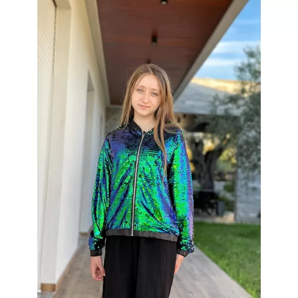 GRACE KARIN Girls Sequin Jacket Kids Bomber Zip Outwear Sparkle Fall Costume Top Dress Coat Size 514Sparkle Green