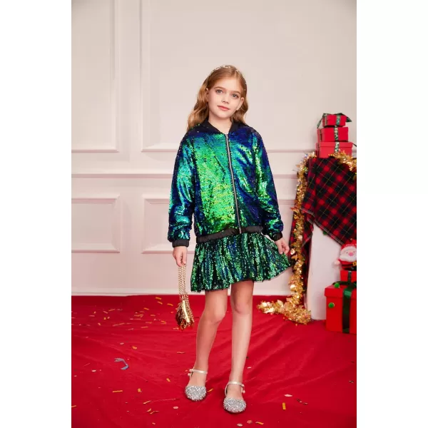 GRACE KARIN Girls Sequin Jacket Kids Bomber Zip Outwear Sparkle Fall Costume Top Dress Coat Size 514Sparkle Green