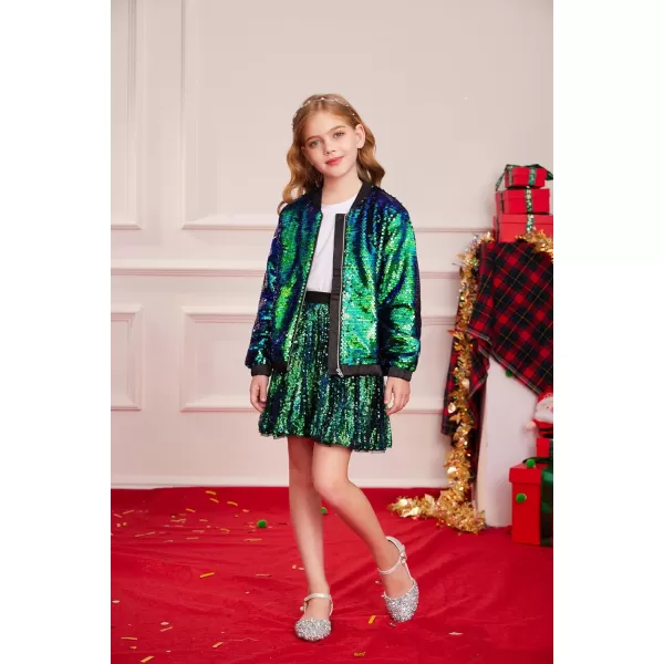 GRACE KARIN Girls Sequin Jacket Kids Bomber Zip Outwear Sparkle Fall Costume Top Dress Coat Size 514Sparkle Green