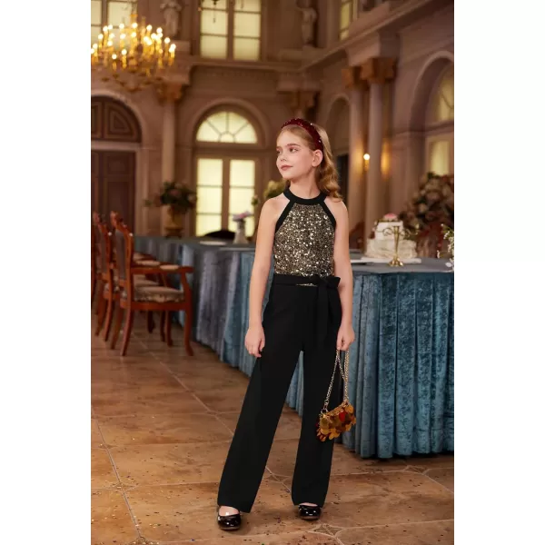 GRACE KARIN Girls Sequin Jumpsuit Tween Trendy Party Halter Shinny Kids Dance Formal Romper Bodysuit 612Black