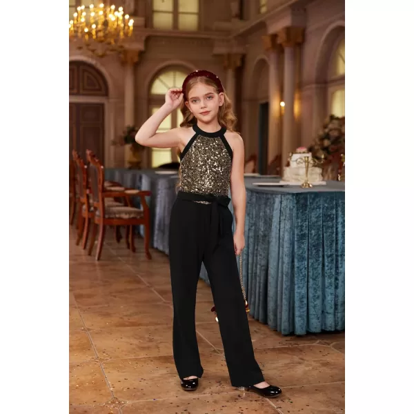 GRACE KARIN Girls Sequin Jumpsuit Tween Trendy Party Halter Shinny Kids Dance Formal Romper Bodysuit 612Black