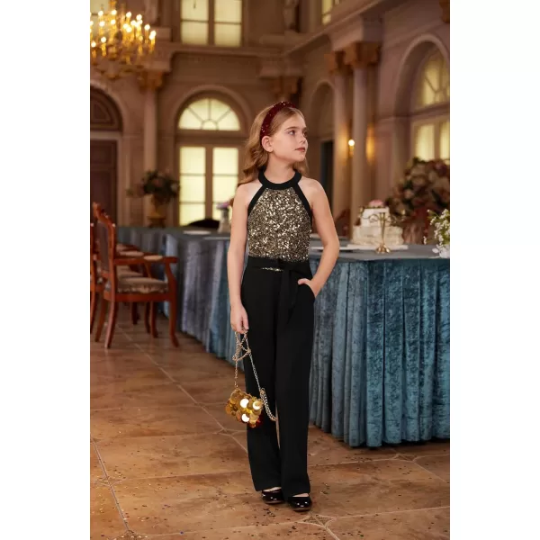 GRACE KARIN Girls Sequin Jumpsuit Tween Trendy Party Halter Shinny Kids Dance Formal Romper Bodysuit 612Black