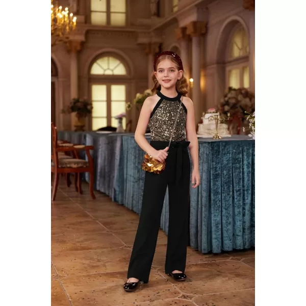 GRACE KARIN Girls Sequin Jumpsuit Tween Trendy Party Halter Shinny Kids Dance Formal Romper Bodysuit 612Black