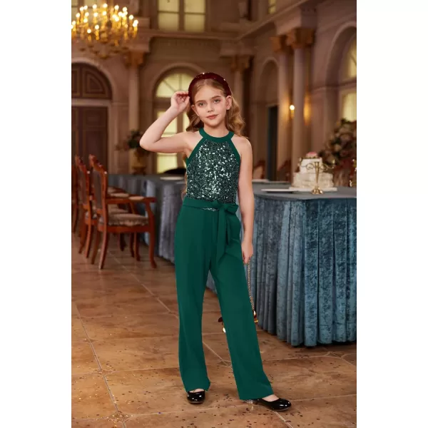 GRACE KARIN Girls Sequin Jumpsuit Tween Trendy Party Halter Shinny Kids Dance Formal Romper Bodysuit 612Green