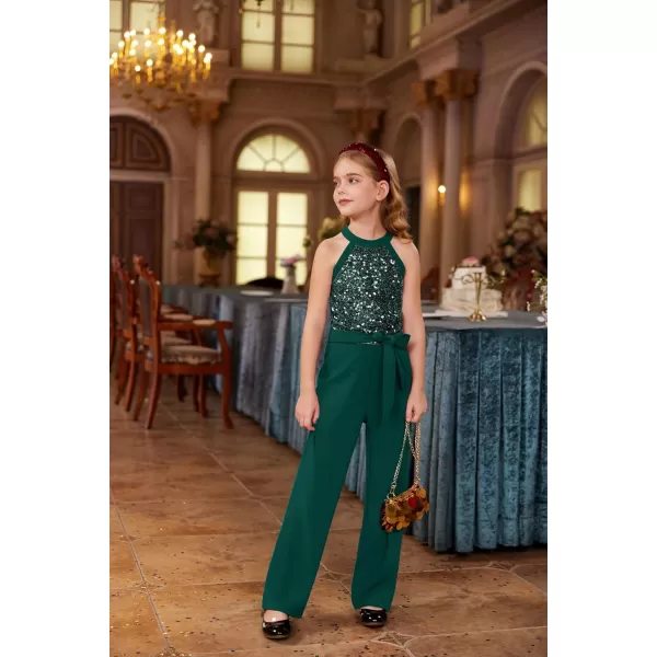 GRACE KARIN Girls Sequin Jumpsuit Tween Trendy Party Halter Shinny Kids Dance Formal Romper Bodysuit 612Green