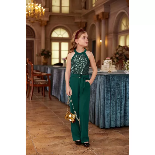 GRACE KARIN Girls Sequin Jumpsuit Tween Trendy Party Halter Shinny Kids Dance Formal Romper Bodysuit 612Green