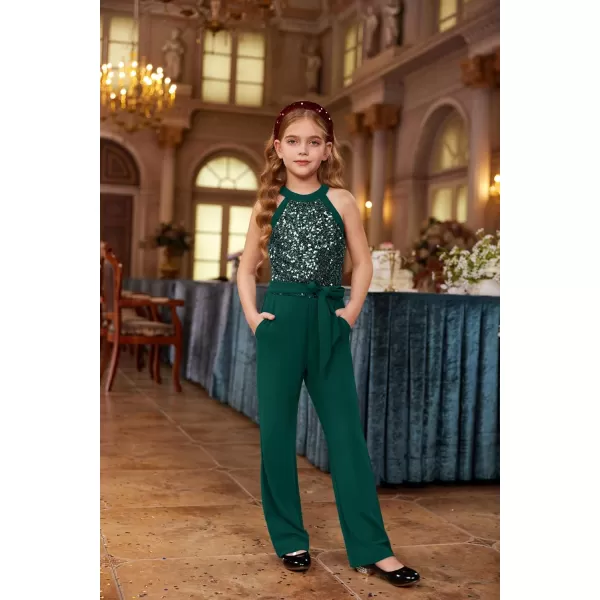 GRACE KARIN Girls Sequin Jumpsuit Tween Trendy Party Halter Shinny Kids Dance Formal Romper Bodysuit 612Green