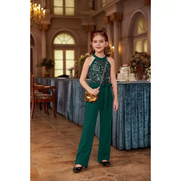 GRACE KARIN Girls Sequin Jumpsuit Tween Trendy Party Halter Shinny Kids Dance Formal Romper Bodysuit 612Green