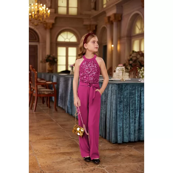 GRACE KARIN Girls Sequin Jumpsuit Tween Trendy Party Halter Shinny Kids Dance Formal Romper Bodysuit 612Hot Pink