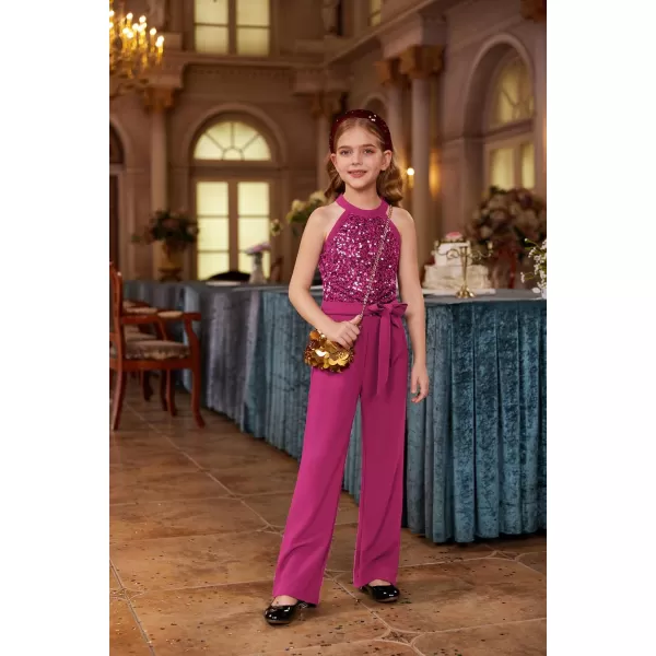 GRACE KARIN Girls Sequin Jumpsuit Tween Trendy Party Halter Shinny Kids Dance Formal Romper Bodysuit 612Hot Pink