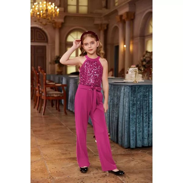 GRACE KARIN Girls Sequin Jumpsuit Tween Trendy Party Halter Shinny Kids Dance Formal Romper Bodysuit 612Hot Pink