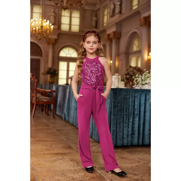GRACE KARIN Girls Sequin Jumpsuit Tween Trendy Party Halter Shinny Kids Dance Formal Romper Bodysuit 612Hot Pink