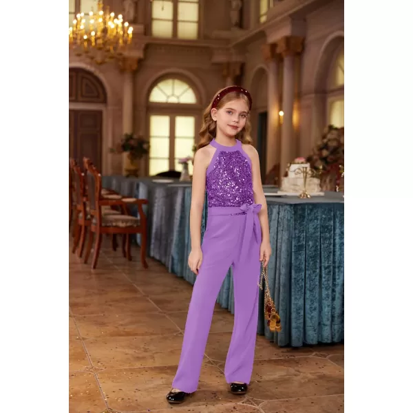 GRACE KARIN Girls Sequin Jumpsuit Tween Trendy Party Halter Shinny Kids Dance Formal Romper Bodysuit 612Purple