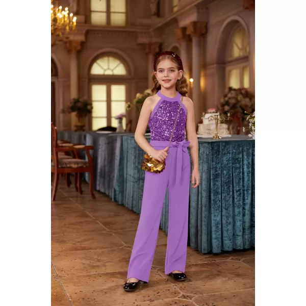 GRACE KARIN Girls Sequin Jumpsuit Tween Trendy Party Halter Shinny Kids Dance Formal Romper Bodysuit 612Purple