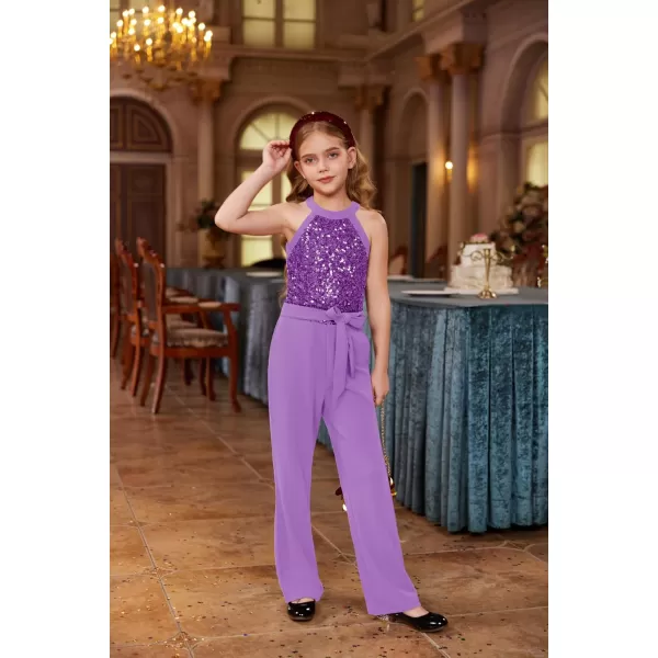 GRACE KARIN Girls Sequin Jumpsuit Tween Trendy Party Halter Shinny Kids Dance Formal Romper Bodysuit 612Purple