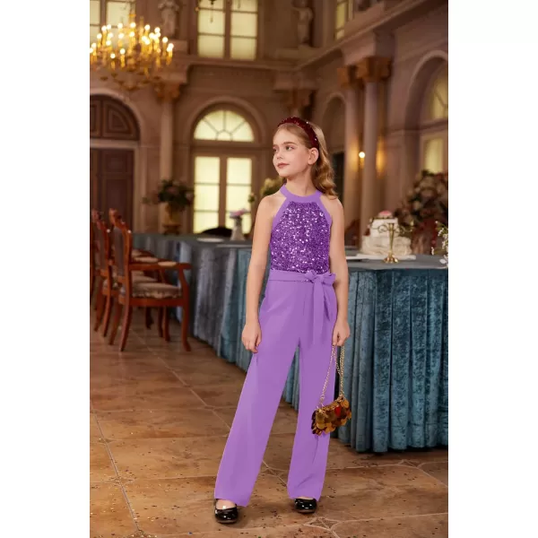 GRACE KARIN Girls Sequin Jumpsuit Tween Trendy Party Halter Shinny Kids Dance Formal Romper Bodysuit 612Purple