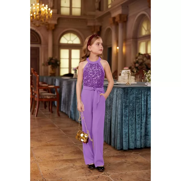 GRACE KARIN Girls Sequin Jumpsuit Tween Trendy Party Halter Shinny Kids Dance Formal Romper Bodysuit 612Purple