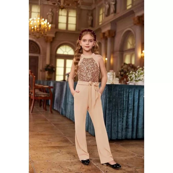 GRACE KARIN Girls Sequin Jumpsuit Tween Trendy Party Halter Shinny Kids Dance Formal Romper Bodysuit 612Rose Golden