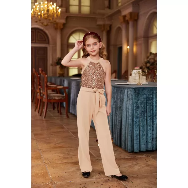 GRACE KARIN Girls Sequin Jumpsuit Tween Trendy Party Halter Shinny Kids Dance Formal Romper Bodysuit 612Rose Golden