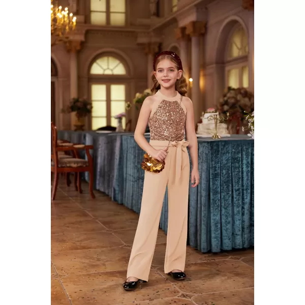 GRACE KARIN Girls Sequin Jumpsuit Tween Trendy Party Halter Shinny Kids Dance Formal Romper Bodysuit 612Rose Golden