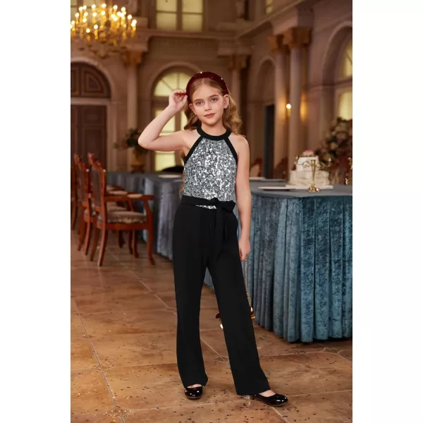 GRACE KARIN Girls Sequin Jumpsuit Tween Trendy Party Halter Shinny Kids Dance Formal Romper Bodysuit 612Silver