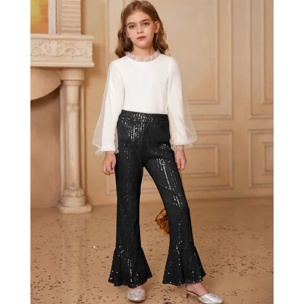 GRACE KARIN Girls Sequin Pants Sparke Trouser Glitter Dance Bell Bottoms 512Black