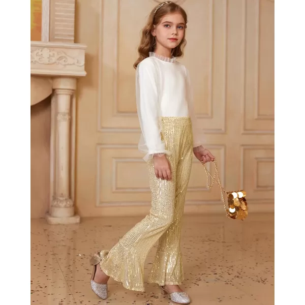 GRACE KARIN Girls Sequin Pants Sparke Trouser Glitter Dance Bell Bottoms 512Gold