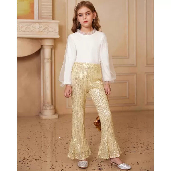 GRACE KARIN Girls Sequin Pants Sparke Trouser Glitter Dance Bell Bottoms 512Gold